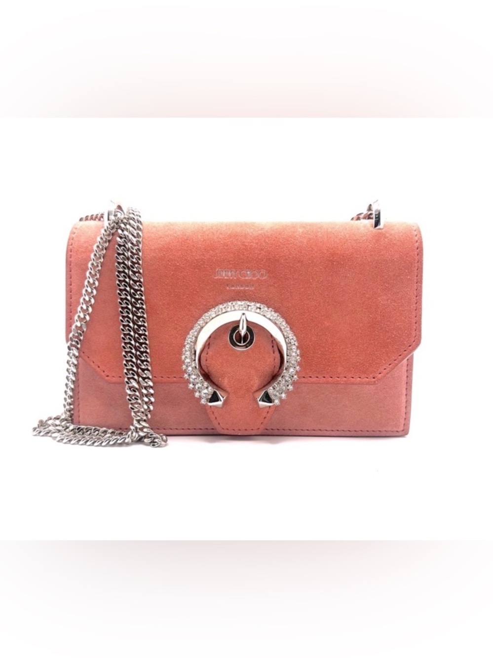 Jimmy Choo Salmon Suede Crystal Ring Chain Shoulder Bag Made in Italy